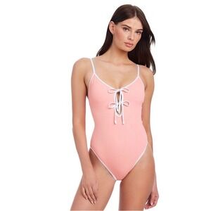 Sanctuary Womens Lace‎ Up Front One Piece Swimsuit Coral Pink Ribbed Size L NEW